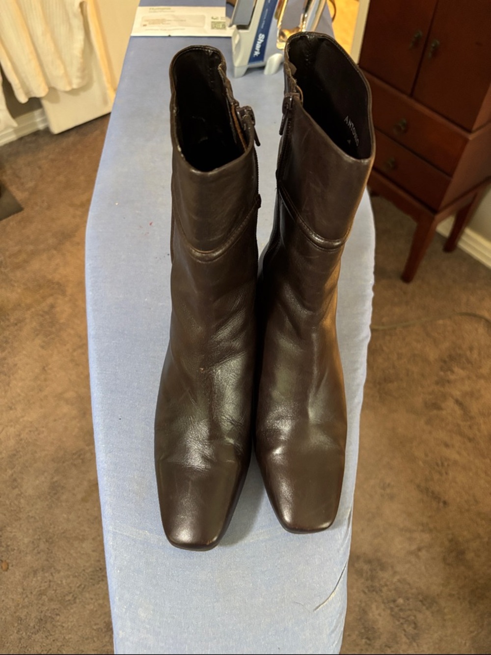 ANTONIO MELANI Brown Leather Square-Toe Heeled Ankle Boots